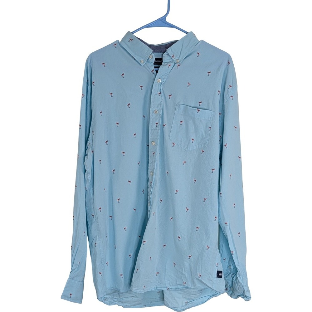 Crown & Ivy Button Up Shirt Mens Large Blue Flamingo Print Classic Fit‎ Stretch